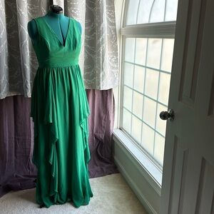 Beautiful striking green sleeveless cascade dress, deep v, mother of the bride.